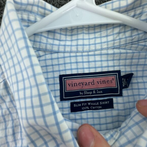 Vineyard Vines Long Sleeve Button Up Mens Slim Fit Whale Shirt Blue Check Large - Picture 8 of 16